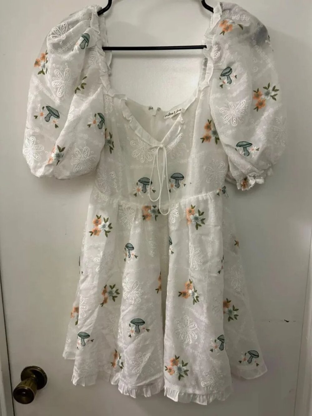 For Love and Lemons Yolanda Mini Dress White Eyelet Mushroom Print Puff Sleeve L - Picture 10 of 12